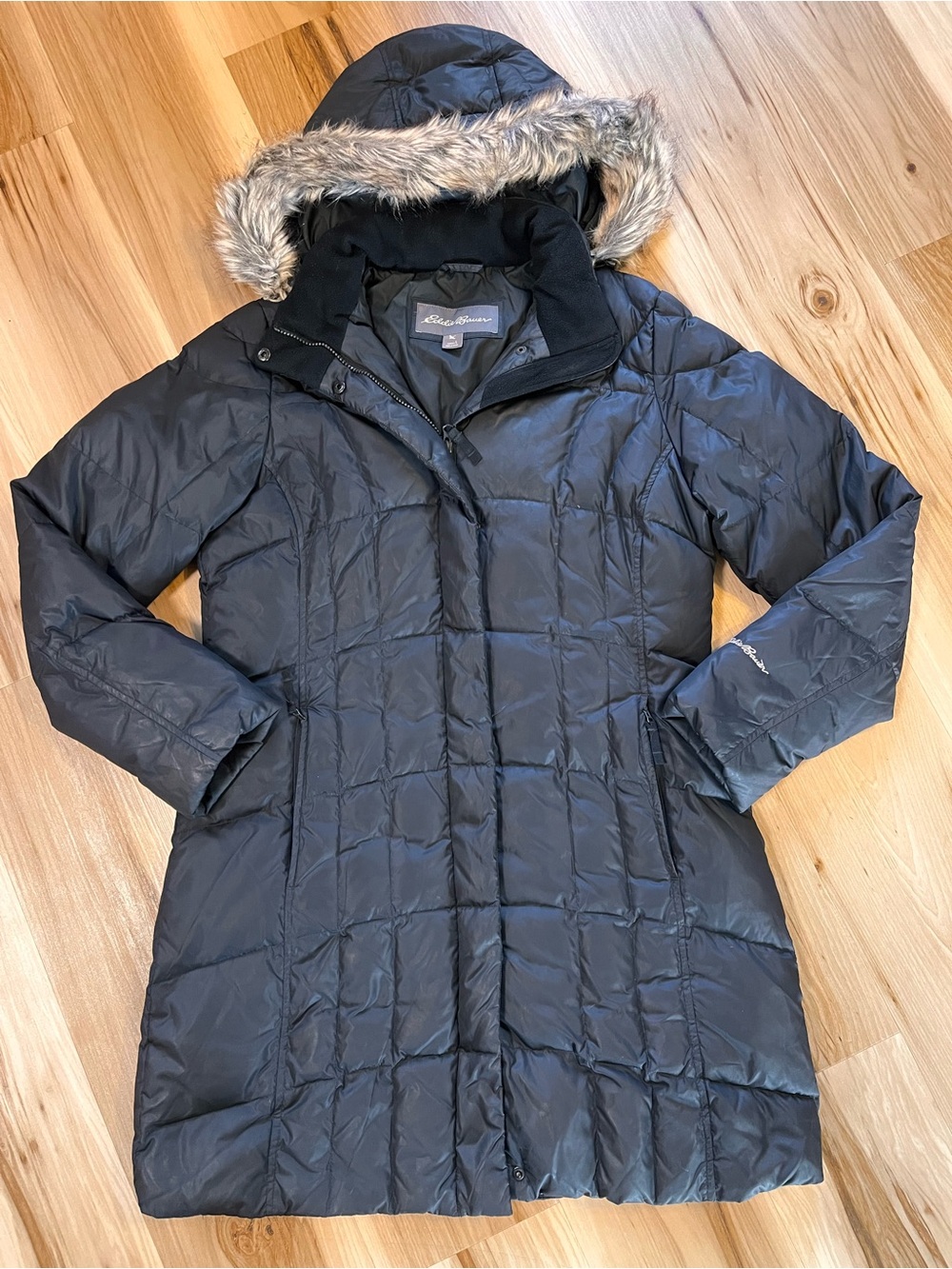 Eddie Bauer Womens Large L Black Long Down Filled Quilted Puffer Coat Jacket Fur
